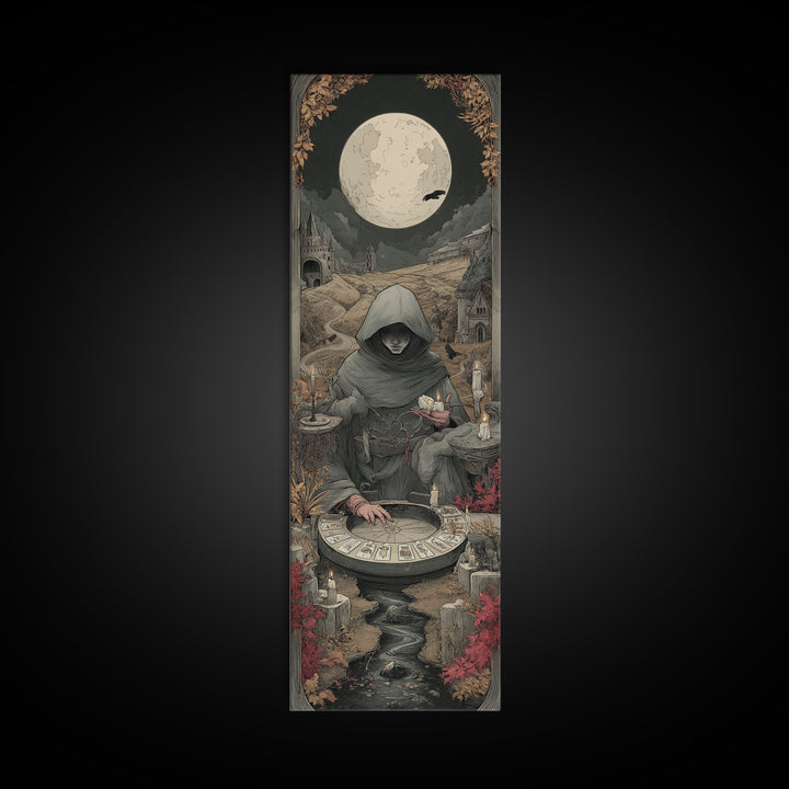 The Harvest Moon Tarot Reader - Environmental Panorama, Dark Fantasy Wall Art, Tall Narrow Wall Art, Canvas Print, Halloween Home Decor