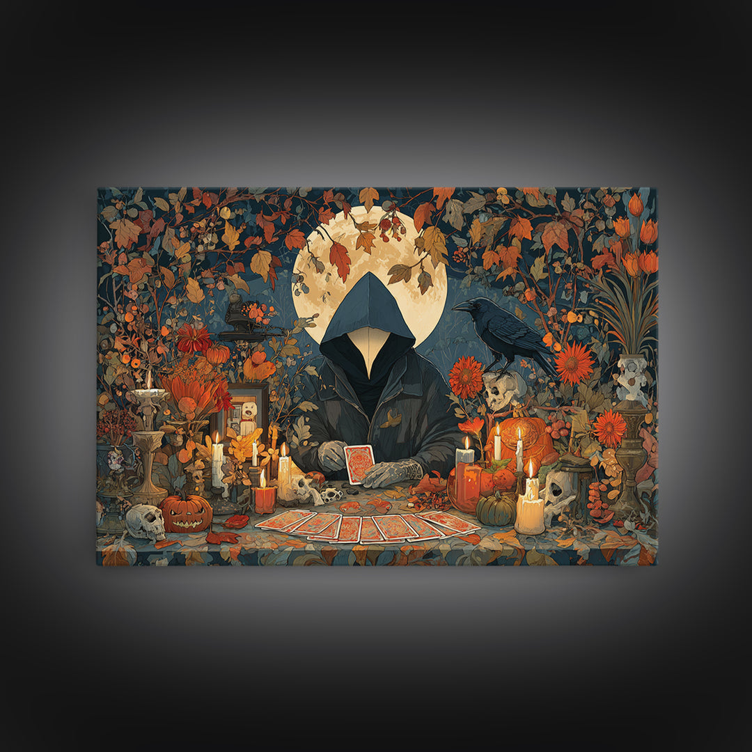 The Harvest Moon Tarot Reader - Occult Still Life, Occult Wall Decor, Landscape Wall Art, Canvas Print, Halloween Home Decor