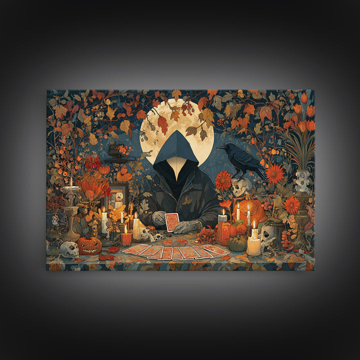 The Harvest Moon Tarot Reader - Occult Still Life, Occult Wall Decor, Landscape Wall Art, Canvas Print, Halloween Home Decor