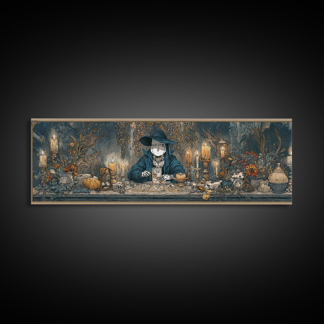 The Harvest Moon Tarot Reader - Occult Still Life, Spooky Wall Decor, Extra Wide Wall Art, Framed Canvas Print, Halloween Home Decor