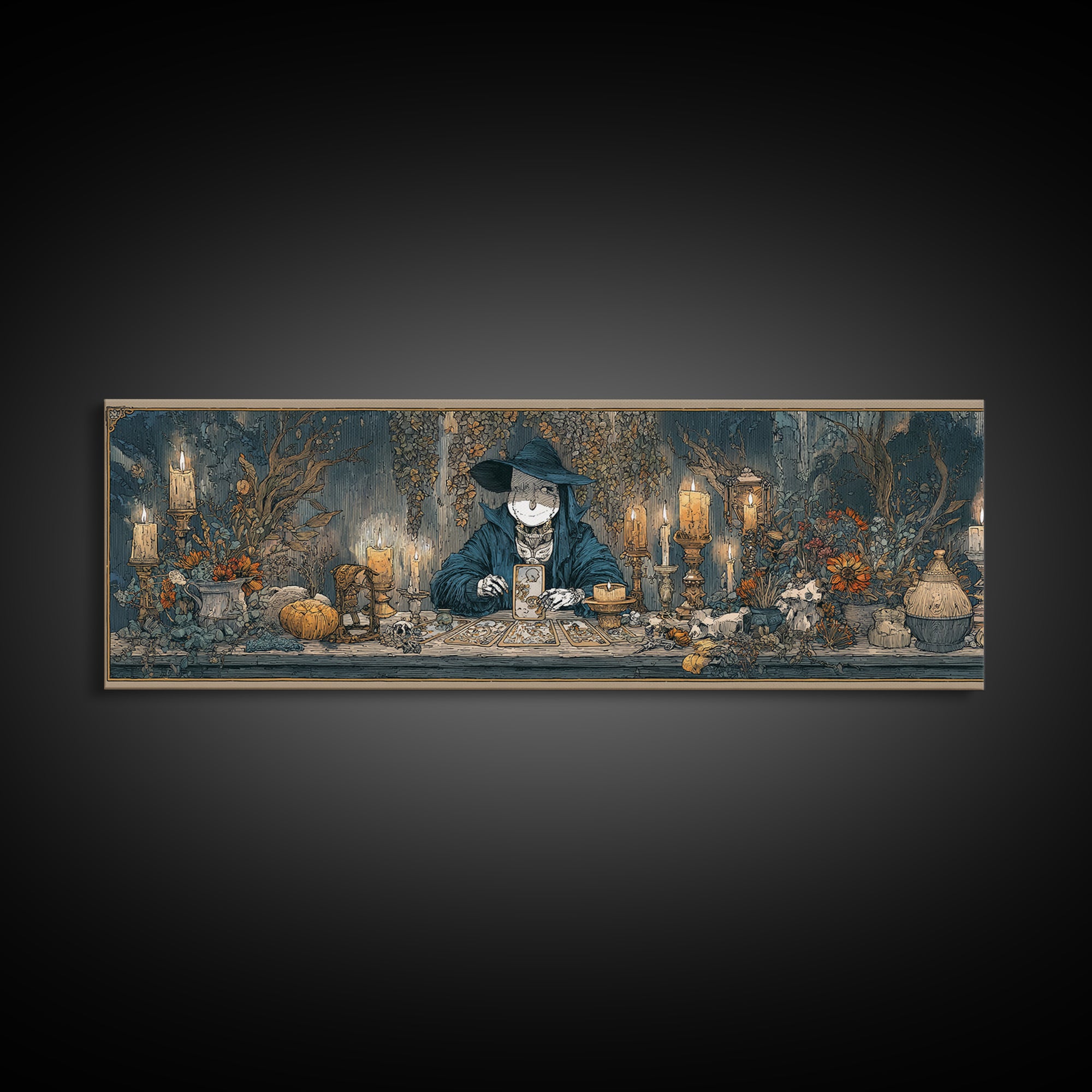 The Harvest Moon Tarot Reader - Occult Still Life, Spooky Wall Decor, Extra Wide Wall Art, Framed Canvas Print, Halloween Home Decor
