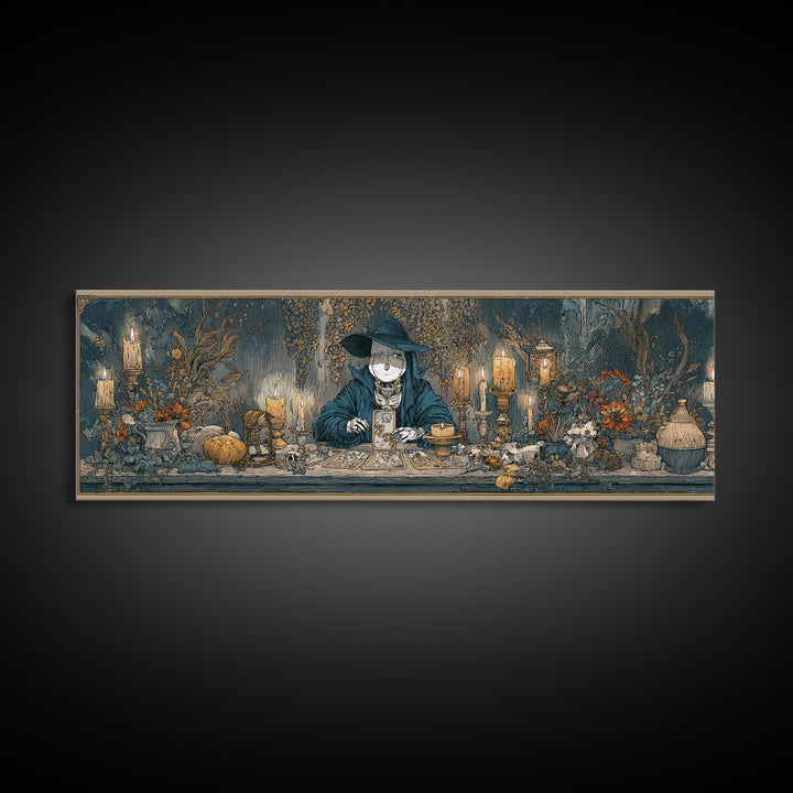 The Harvest Moon Tarot Reader - Occult Still Life, Spooky Wall Decor, Extra Wide Wall Art, Framed Canvas Print, Halloween Home Decor