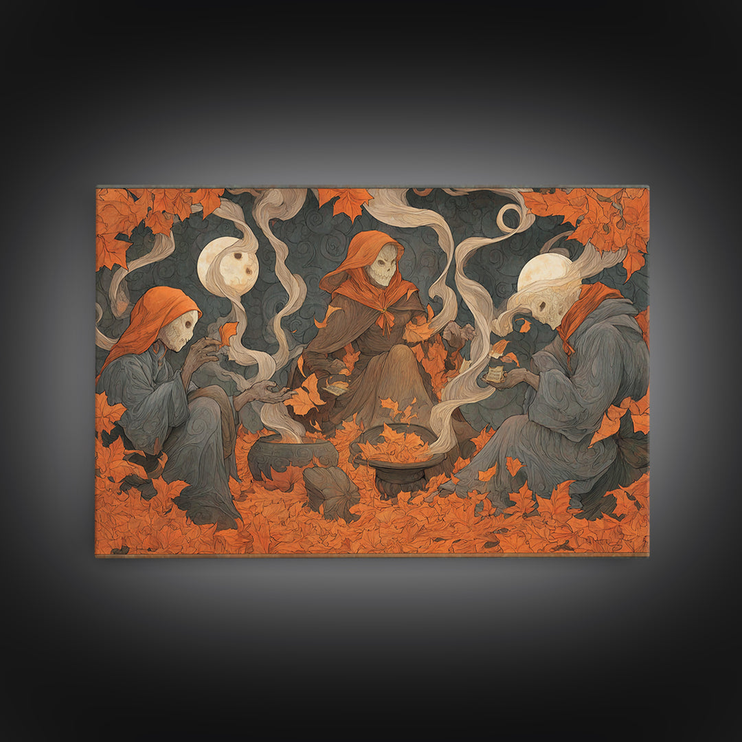 The Harvest Moon Tarot Reader - Procession Scene, Halloween Wall Art, Landscape Wall Art, Framed Canvas Print, Halloween Home Decor