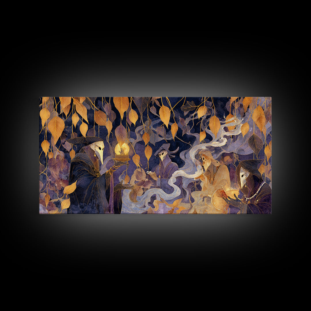 The Harvest Moon Tarot Reader - Procession Scene, Dark Fantasy Wall Art, Wide Panoramic Art, Canvas Print, Halloween Home Decor
