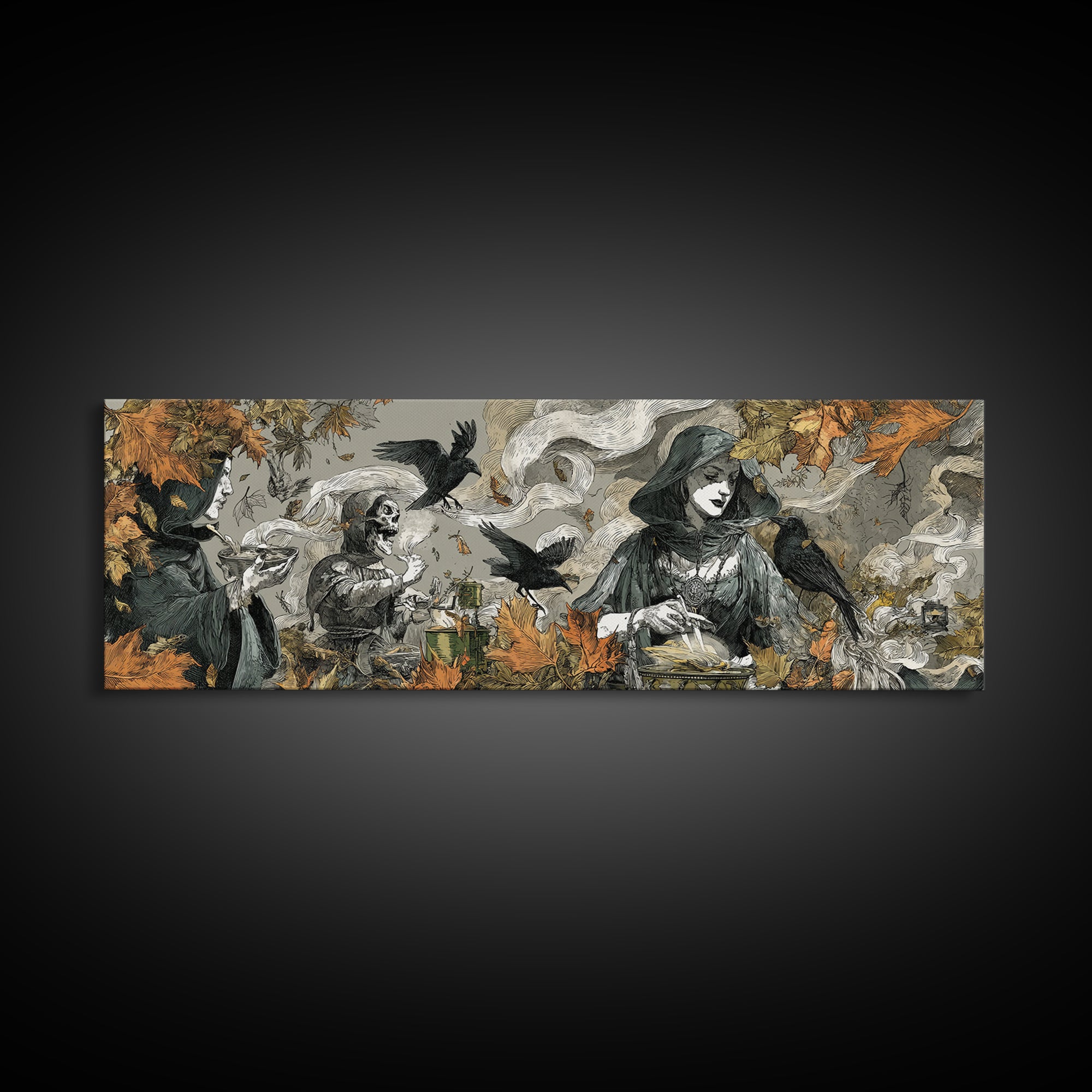 The Harvest Moon Tarot Reader - Procession Scene, Gothic Home Decor, Extra Wide Wall Art, Canvas Print, Halloween Home Decor