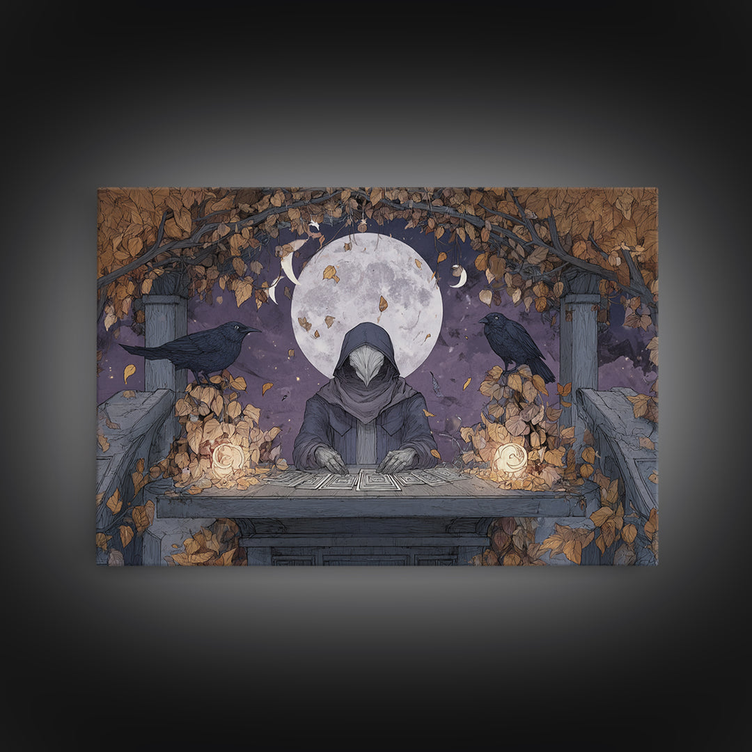 The Harvest Moon Tarot Reader - Surreal Celestial Vision, Occult Wall Decor, Landscape Wall Art, Canvas Print, Halloween Home Decor
