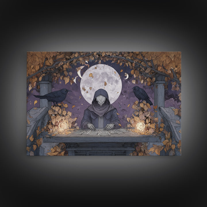 The Harvest Moon Tarot Reader - Surreal Celestial Vision, Occult Wall Decor, Landscape Wall Art, Canvas Print, Halloween Home Decor