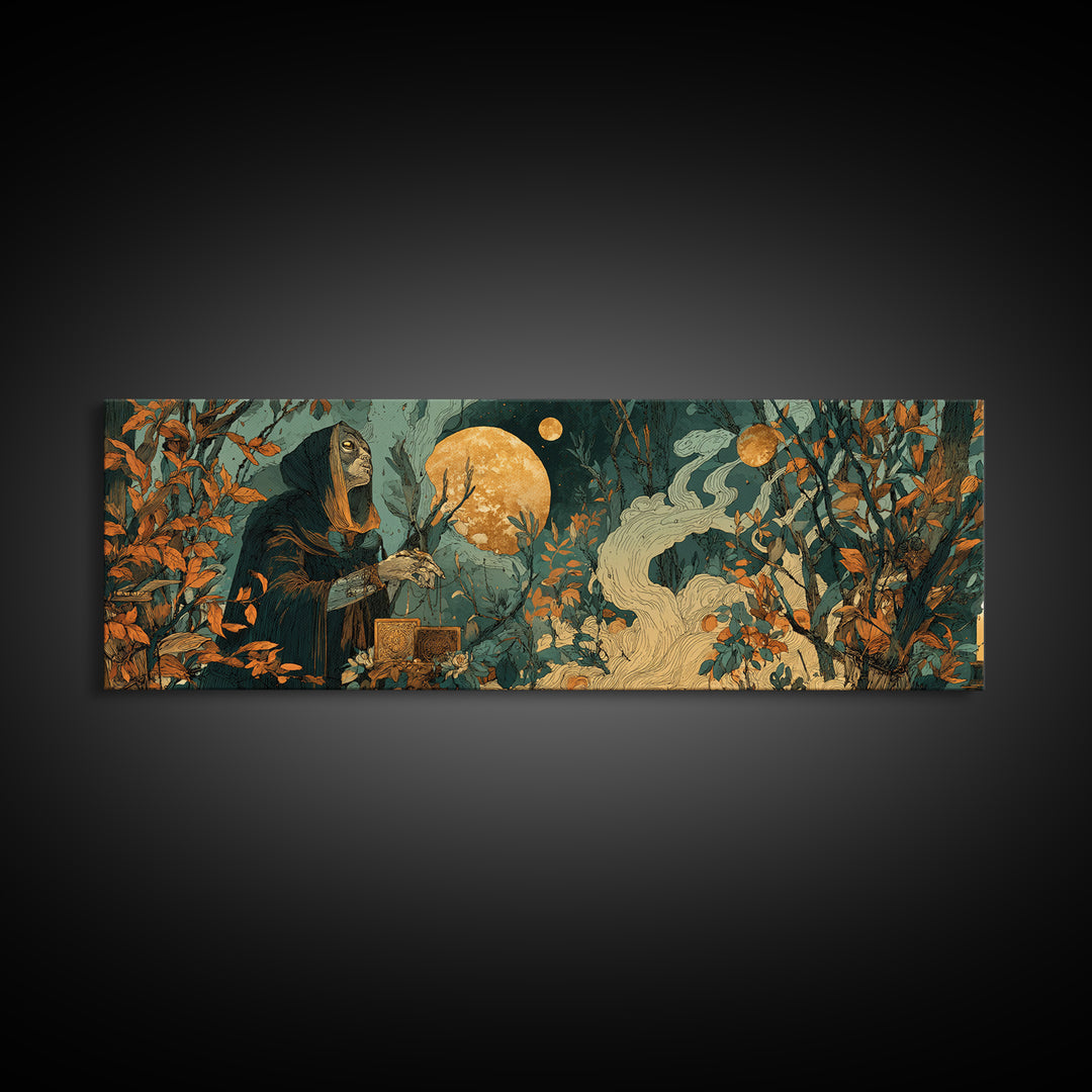 The Harvest Moon Tarot Reader - Surreal Celestial Vision, Occult Wall Decor, Extra Wide Wall Art, Canvas Print, Halloween Home Decor
