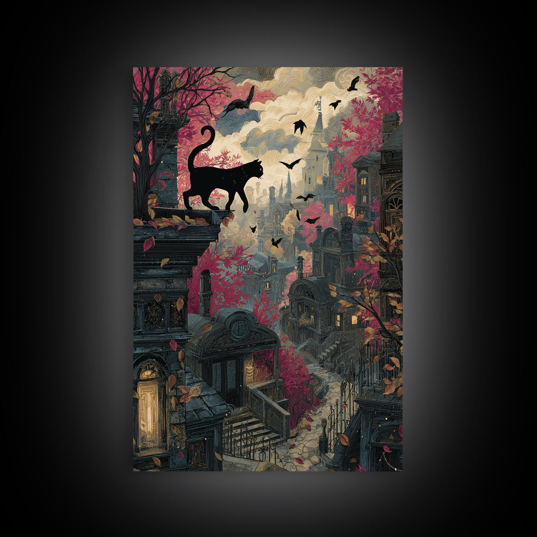The Black Cat Constellation - Environmental Panorama, Macabre Halloween Art, Vertical Wall Art, Framed Canvas Print, Halloween Home Decor