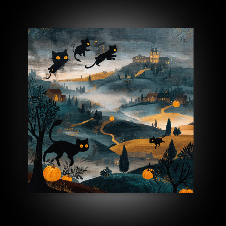 The Black Cat Constellation - Environmental Panorama, Halloween Wall Art, Square Wall Art, Framed Canvas Print, Halloween Home Decor