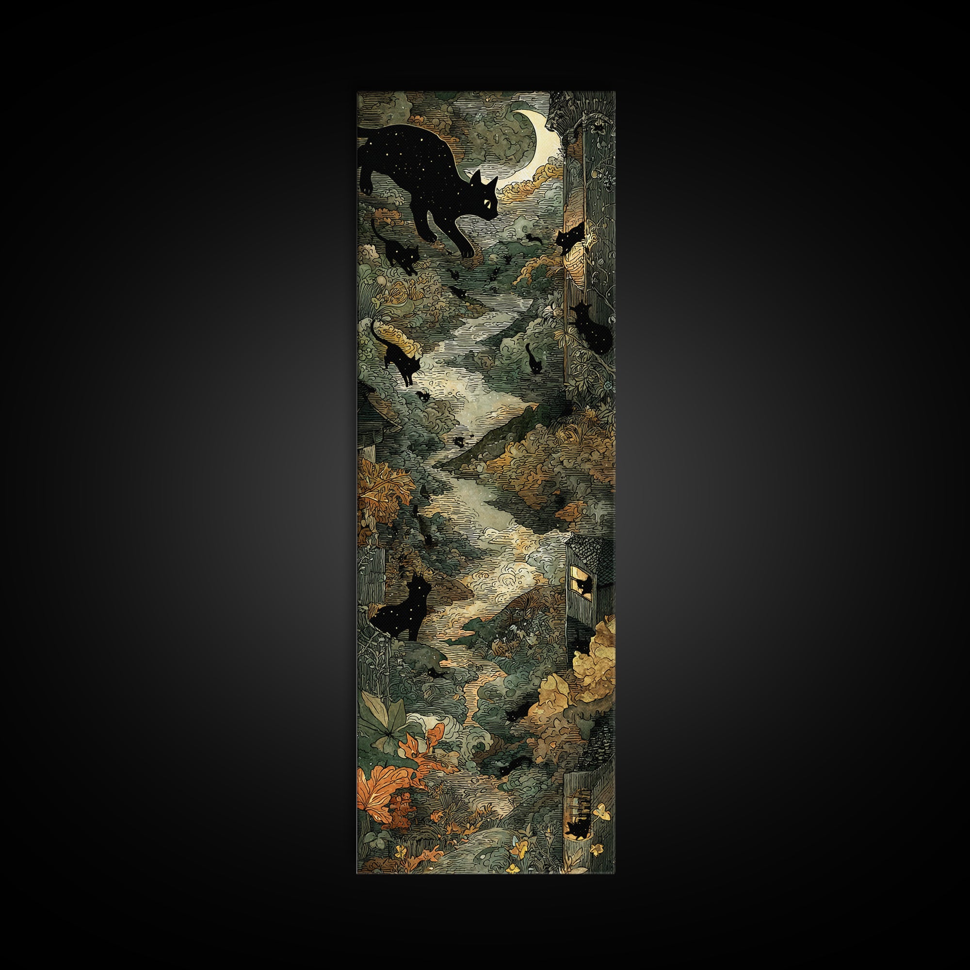 The Black Cat Constellation - Environmental Panorama, Macabre Halloween Art, Tall Narrow Wall Art, Framed Canvas Print, Halloween Home Decor