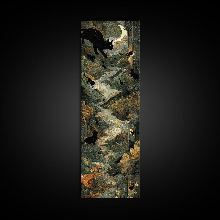 The Black Cat Constellation - Environmental Panorama, Macabre Halloween Art, Tall Narrow Wall Art, Framed Canvas Print, Halloween Home Decor