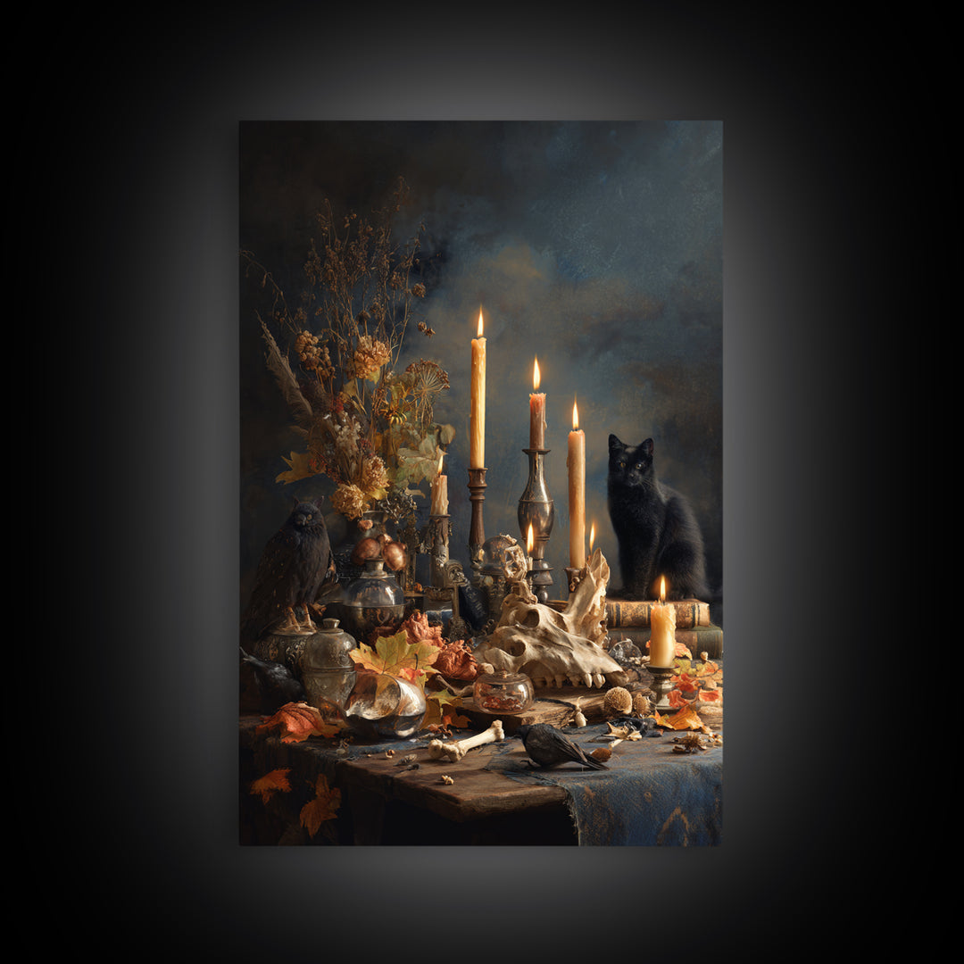 The Black Cat Constellation - Occult Still Life, Spooky Wall Decor, Vertical Wall Art, Framed Canvas Print, Halloween Home Decor