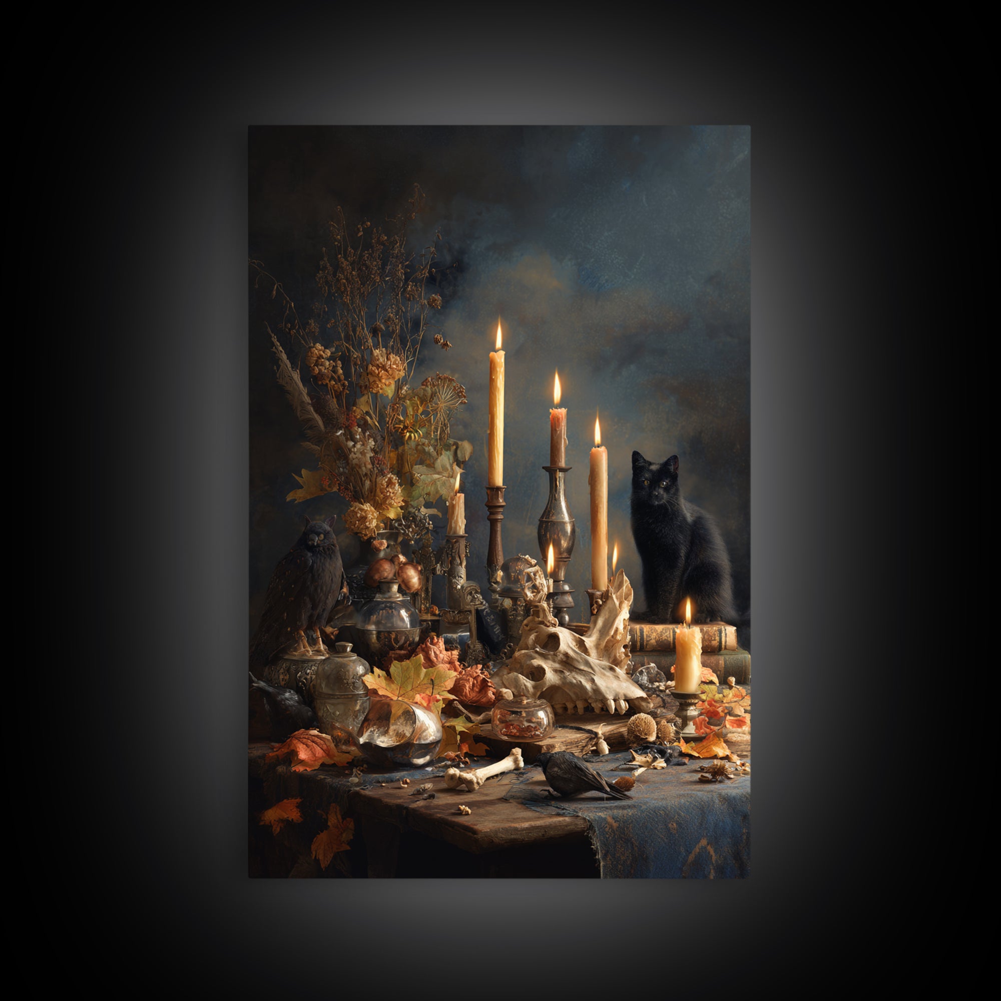 The Black Cat Constellation - Occult Still Life, Spooky Wall Decor, Vertical Wall Art, Framed Canvas Print, Halloween Home Decor