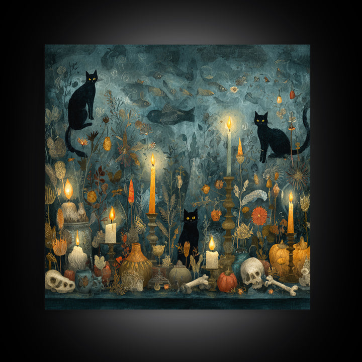 The Black Cat Constellation - Occult Still Life, Occult Wall Decor, Square Wall Art, Canvas Print, Halloween Home Decor, Gothic Wall Art