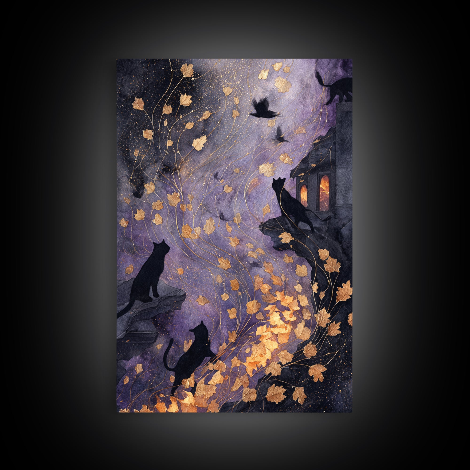 The Black Cat Constellation - Procession Scene, Halloween Wall Art, Vertical Wall Art, Framed Canvas Print, Halloween Home Decor