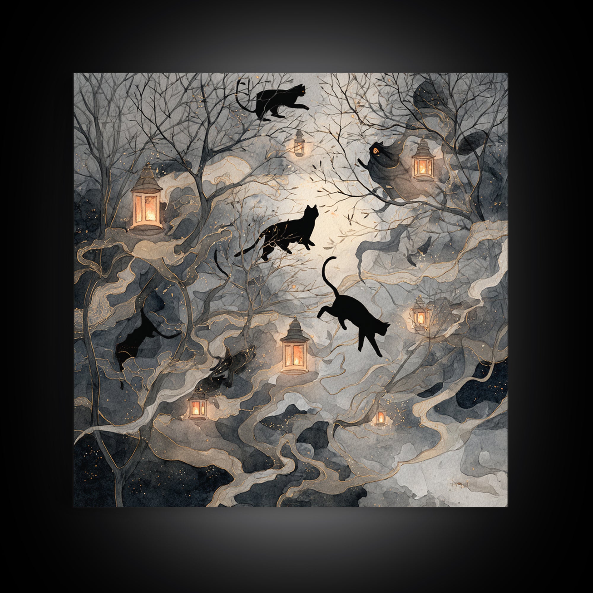 The Black Cat Constellation - Procession Scene, Macabre Halloween Art, Square Wall Art, Framed Canvas Print, Halloween Home Decor