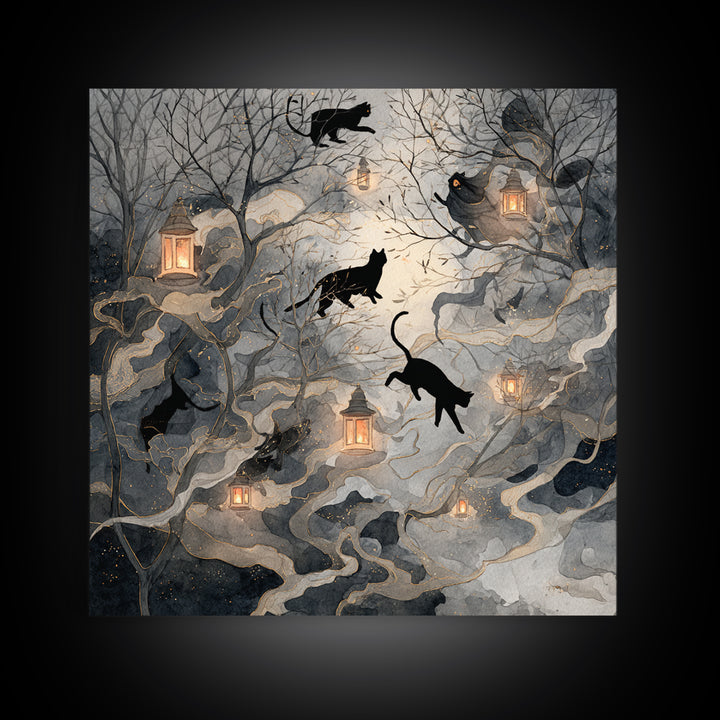 The Black Cat Constellation - Procession Scene, Macabre Halloween Art, Square Wall Art, Framed Canvas Print, Halloween Home Decor