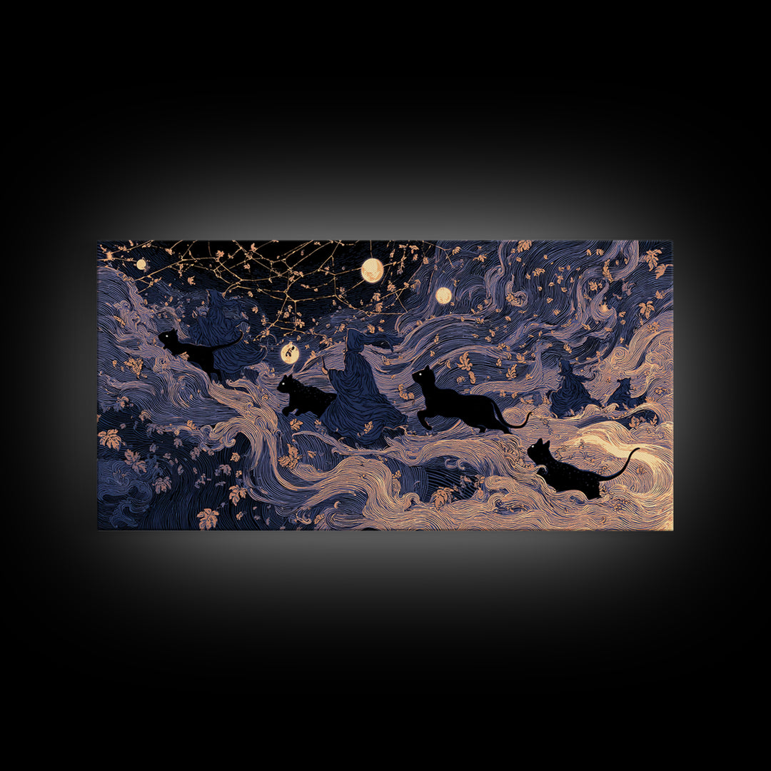 The Black Cat Constellation - Procession Scene, Occult Wall Decor, Wide Panoramic Art, Canvas Print, Halloween Home Decor, Gothic Wall Art
