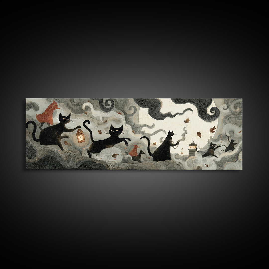 The Black Cat Constellation - Procession Scene, Gothic Home Decor, Extra Wide Wall Art, Canvas Print, Halloween Home Decor, Gothic Wall Art