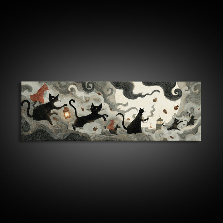 The Black Cat Constellation - Procession Scene, Gothic Home Decor, Extra Wide Wall Art, Canvas Print, Halloween Home Decor, Gothic Wall Art