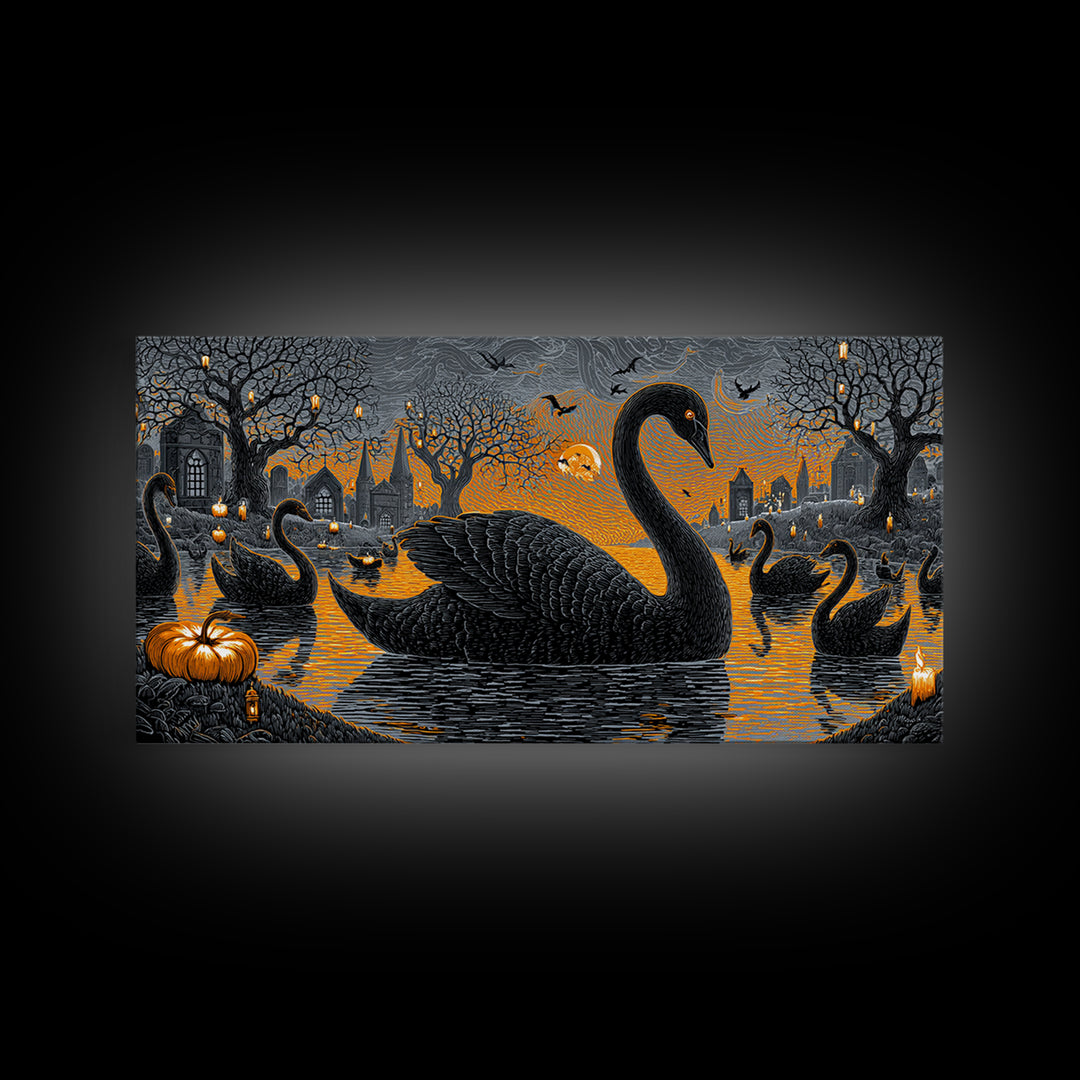 The Cemetery Swan Lake - Icon Portrait, Halloween Wall Art, Wide Panoramic Art, Framed Canvas Print, Halloween Home Decor, Gothic Wall Art