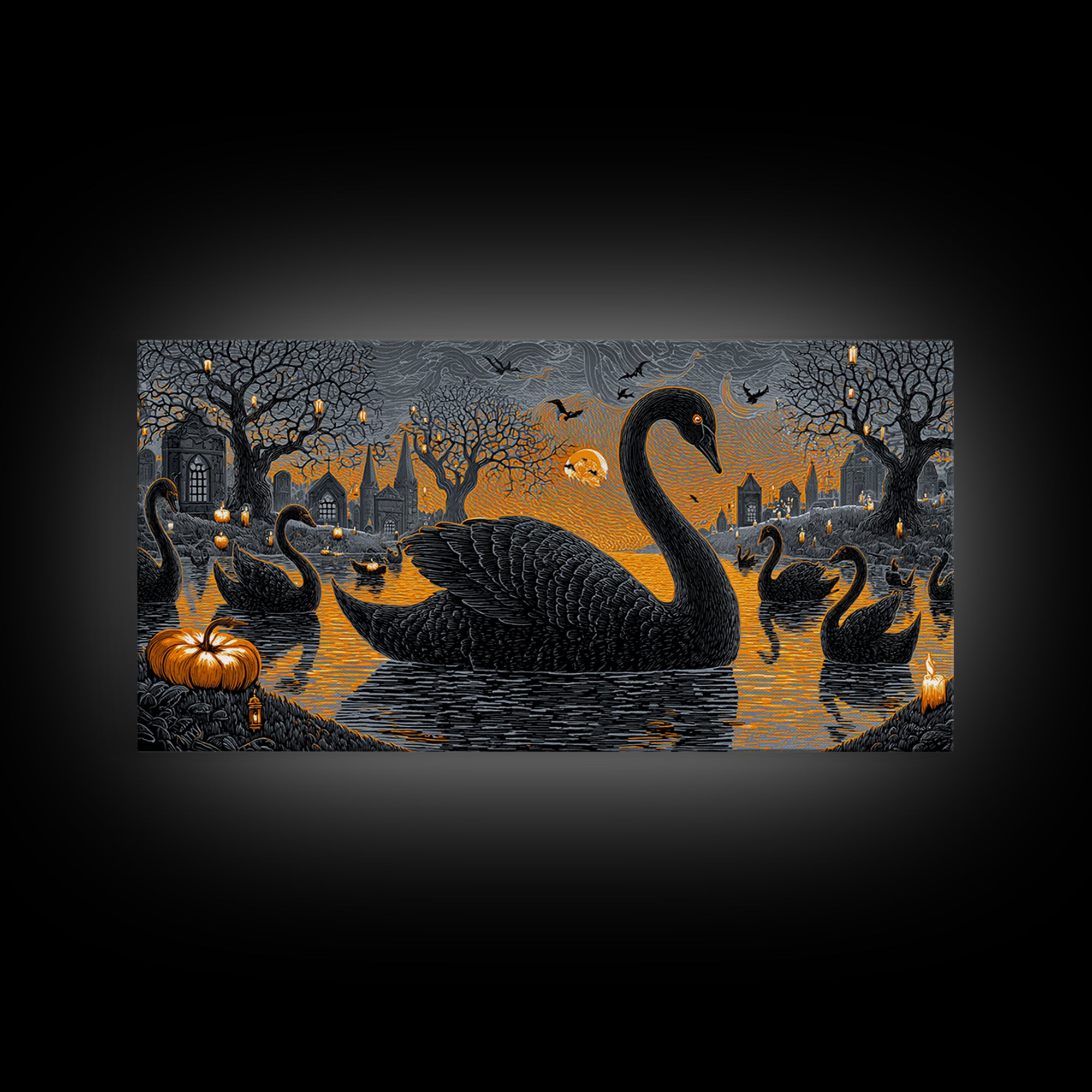 The Cemetery Swan Lake - Icon Portrait, Halloween Wall Art, Wide Panoramic Art, Framed Canvas Print, Halloween Home Decor, Gothic Wall Art