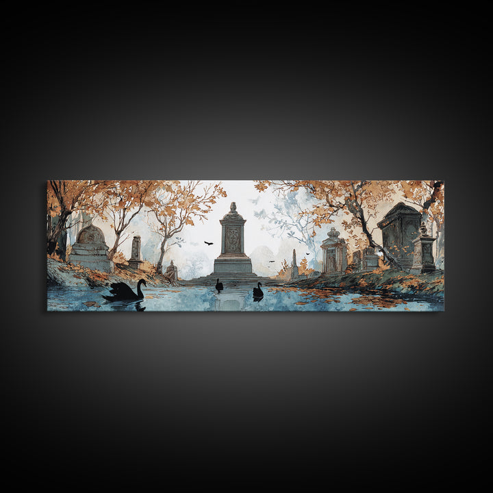 The Cemetery Swan Lake - Icon Portrait, Gothic Home Decor, Extra Wide Wall Art, Canvas Print, Halloween Home Decor, Gothic Wall Art