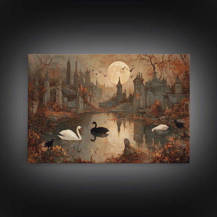 The Cemetery Swan Lake - Environmental Panorama, Occult Wall Decor, Landscape Wall Art, Canvas Print, Halloween Home Decor, Gothic Wall Art