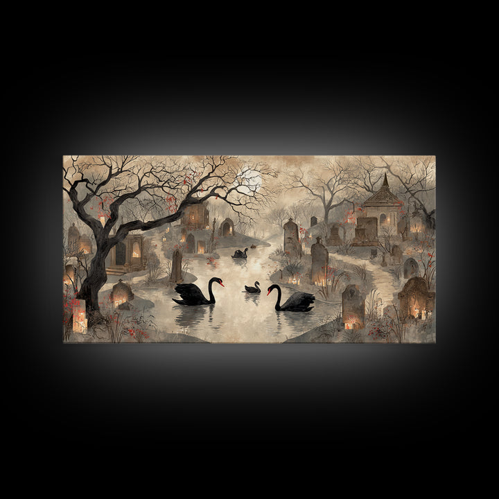 The Cemetery Swan Lake - Environmental Panorama, Dark Fantasy Wall Art, Wide Panoramic Art, Canvas Print, Halloween Home Decor