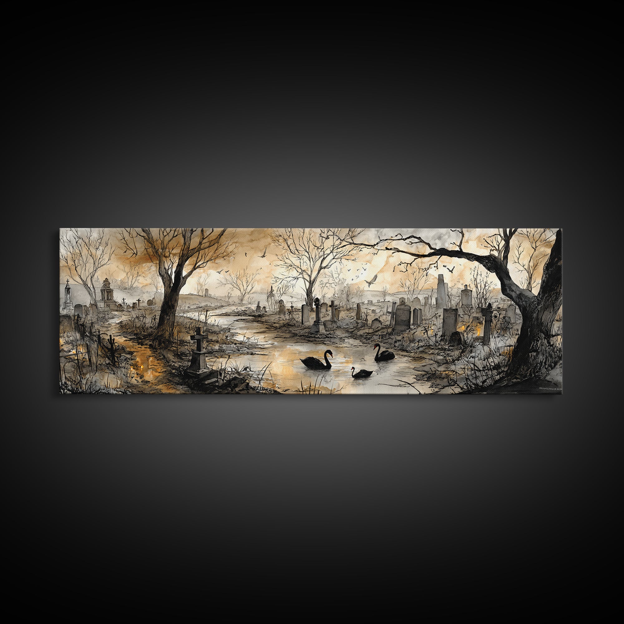 The Cemetery Swan Lake - Environmental Panorama, Halloween Wall Art, Extra Wide Wall Art, Framed Canvas Print, Halloween Home Decor