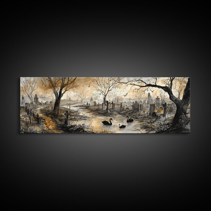 The Cemetery Swan Lake - Environmental Panorama, Halloween Wall Art, Extra Wide Wall Art, Framed Canvas Print, Halloween Home Decor