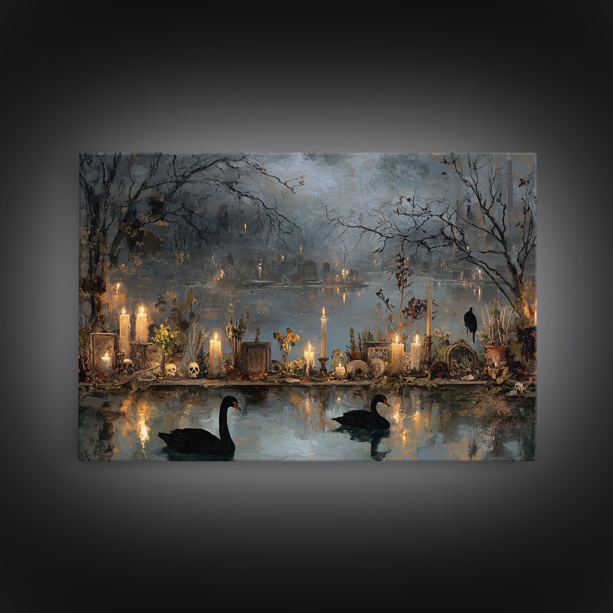 The Cemetery Swan Lake - Occult Still Life, Dark Fantasy Wall Art, Landscape Wall Art, Canvas Print, Halloween Home Decor, Gothic Wall Art