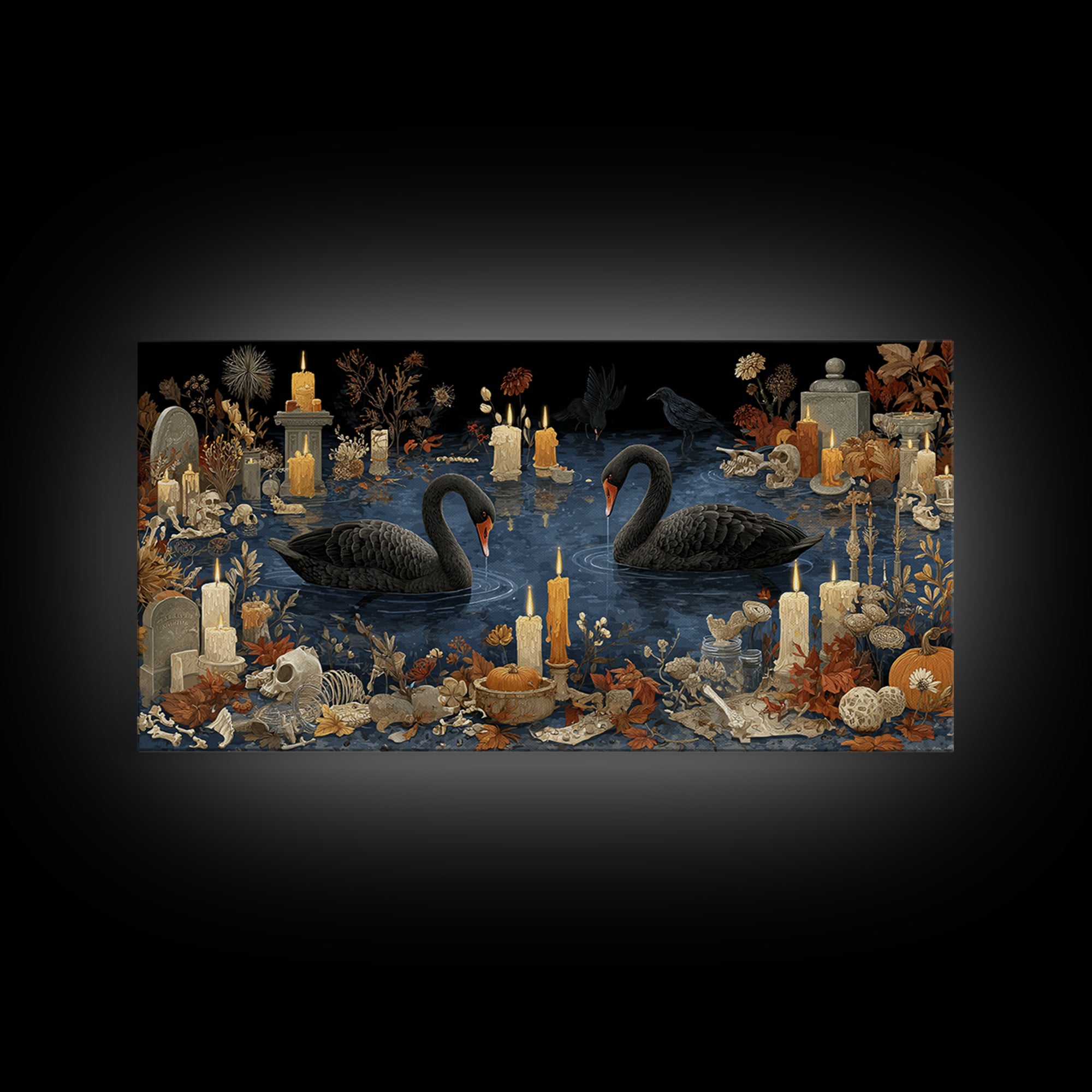 The Cemetery Swan Lake - Occult Still Life, Halloween Wall Art, Wide Panoramic Art, Framed Canvas Print, Halloween Home Decor