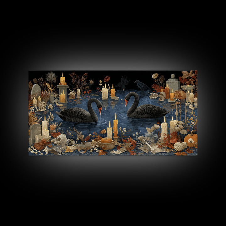 The Cemetery Swan Lake - Occult Still Life, Halloween Wall Art, Wide Panoramic Art, Framed Canvas Print, Halloween Home Decor