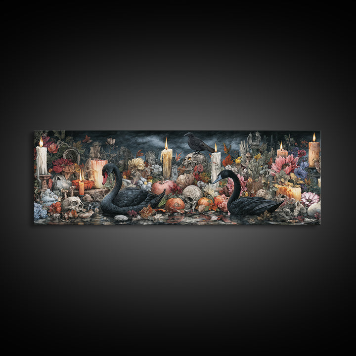The Cemetery Swan Lake - Occult Still Life, Occult Wall Decor, Extra Wide Wall Art, Canvas Print, Halloween Home Decor, Gothic Wall Art
