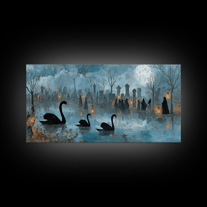 The Cemetery Swan Lake - Procession Scene, Spooky Wall Decor, Wide Panoramic Art, Framed Canvas Print, Halloween Home Decor, Gothic Wall Art