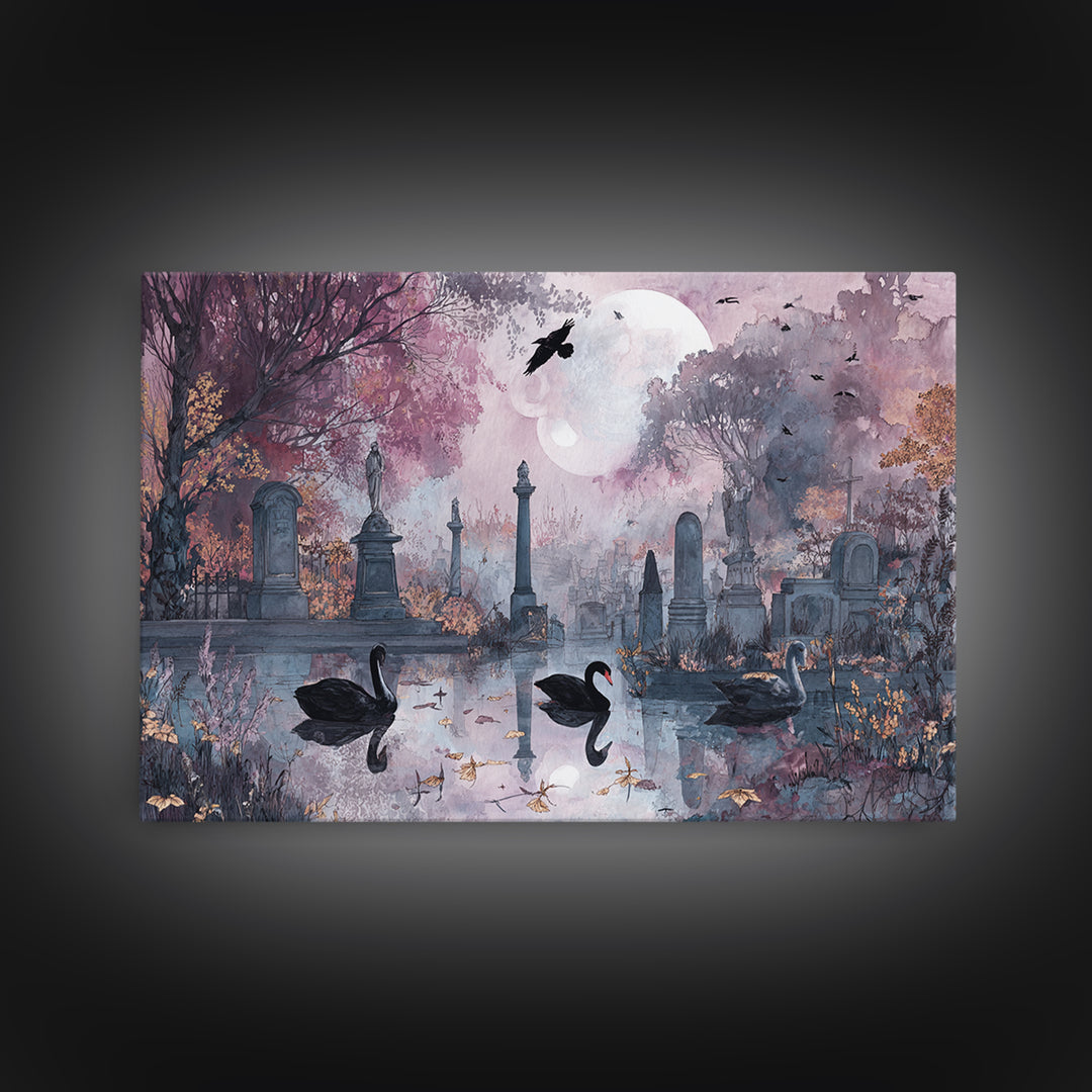 The Cemetery Swan Lake - Surreal Celestial Vision, Macabre Halloween Art, Landscape Wall Art, Framed Canvas Print, Halloween Home Decor