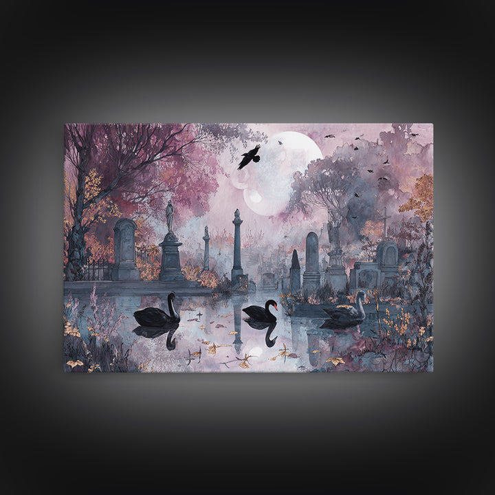 The Cemetery Swan Lake - Surreal Celestial Vision, Macabre Halloween Art, Landscape Wall Art, Framed Canvas Print, Halloween Home Decor