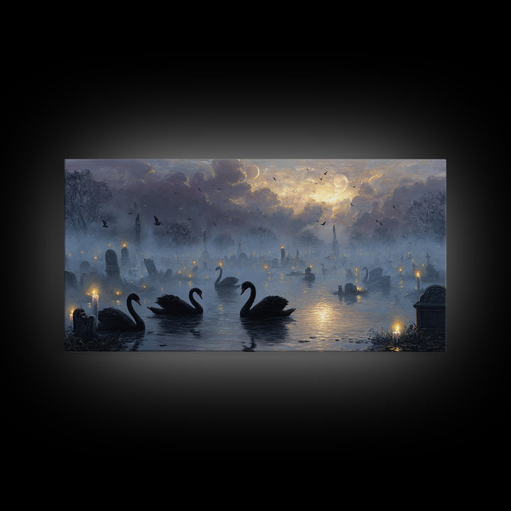 The Cemetery Swan Lake - Surreal Celestial Vision, Halloween Wall Art, Wide Panoramic Art, Framed Canvas Print, Halloween Home Decor