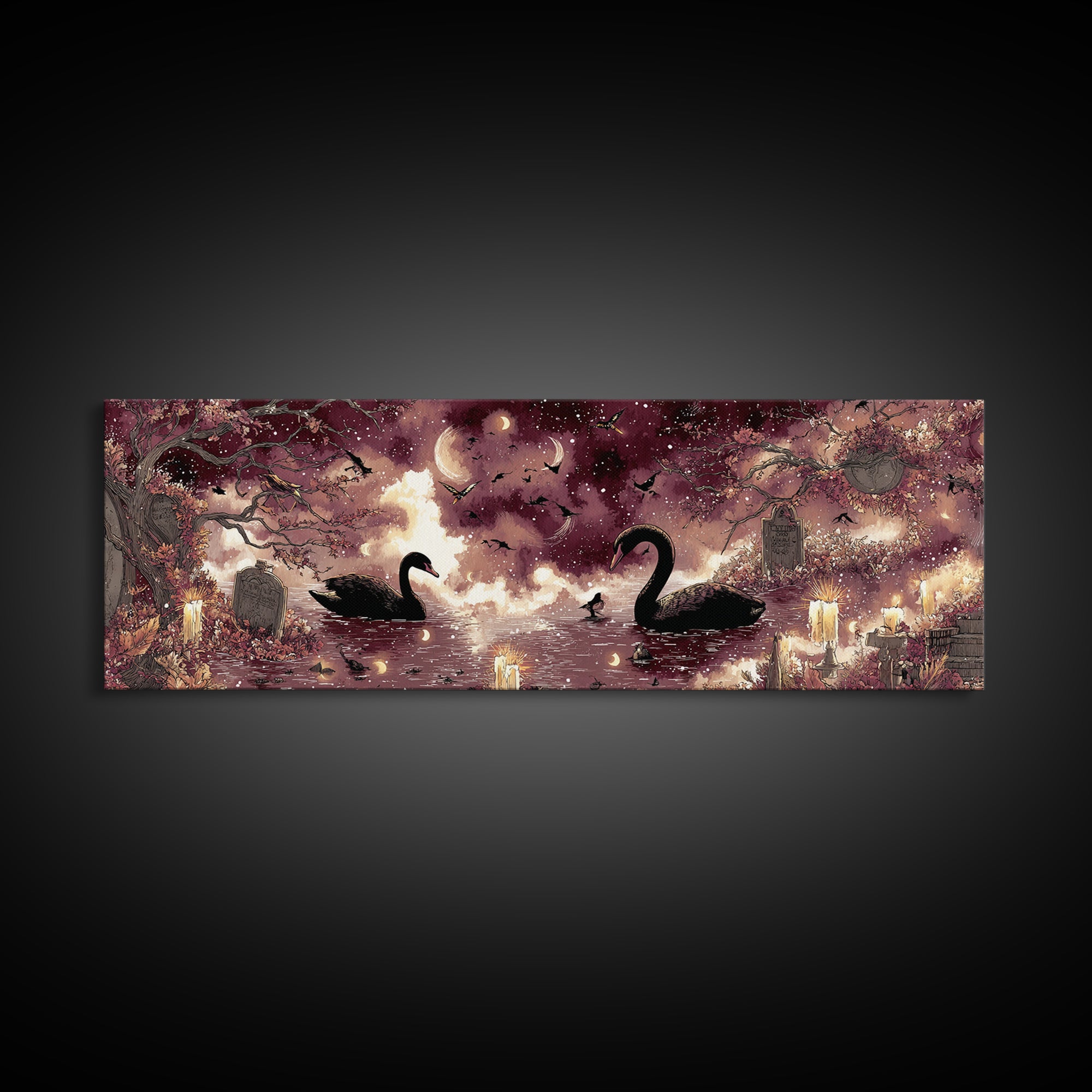 The Cemetery Swan Lake - Surreal Celestial Vision, Gothic Home Decor, Extra Wide Wall Art, Canvas Print, Halloween Home Decor