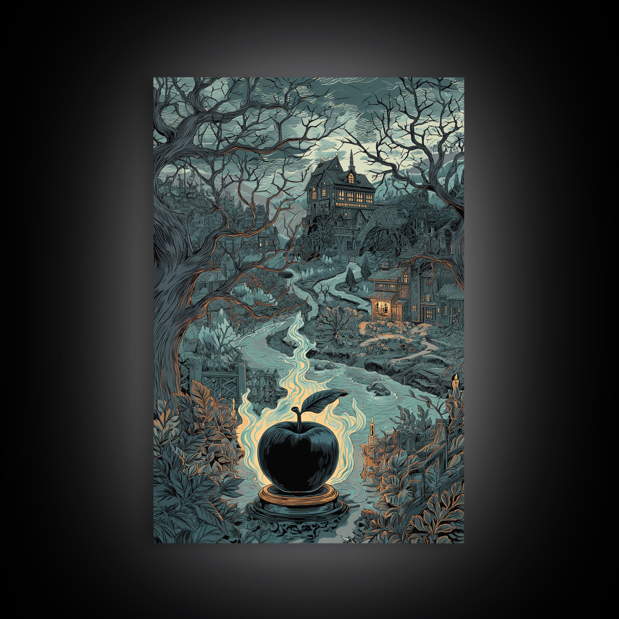 The Poison Apple Reliquary - Environmental Panorama, Occult Wall Decor, Vertical Wall Art, Canvas Print, Halloween Home Decor