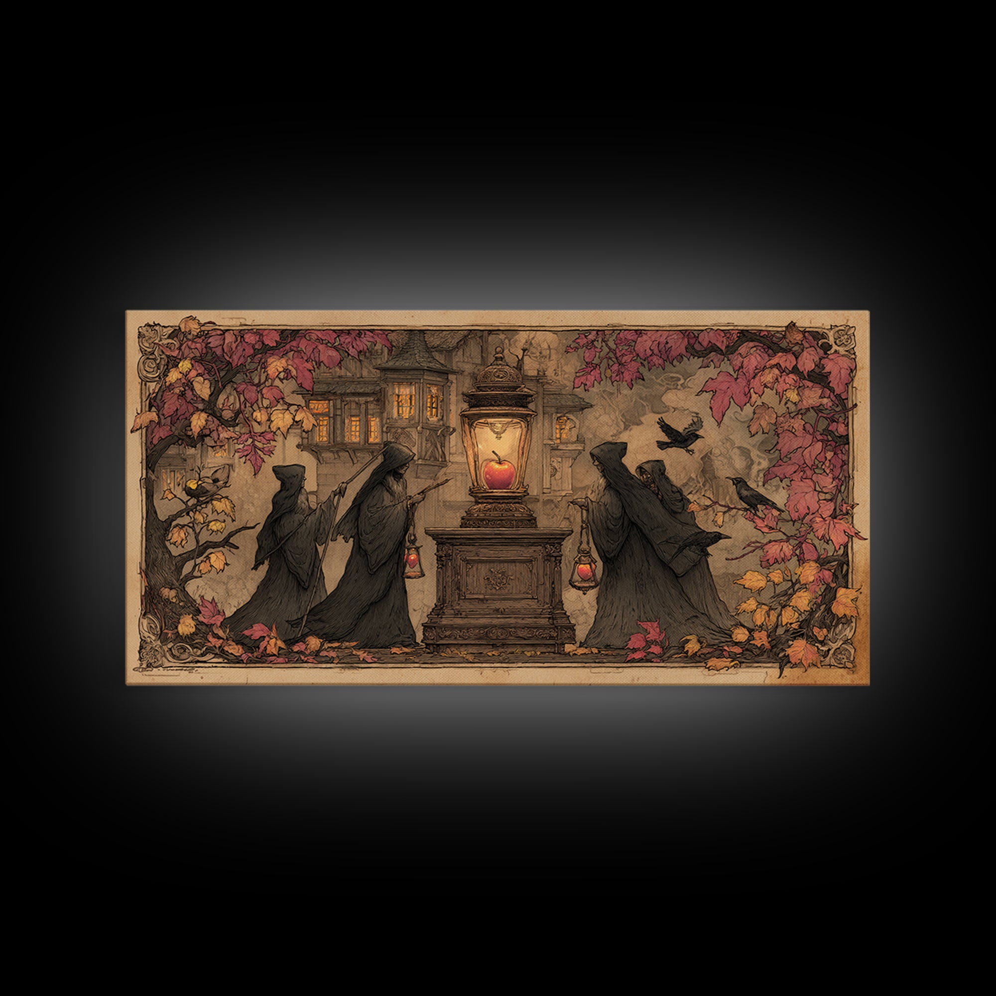 The Poison Apple Reliquary - Procession Scene, Gothic Home Decor, Wide Panoramic Art, Canvas Print, Halloween Home Decor, Gothic Wall Art
