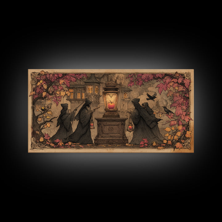 The Poison Apple Reliquary - Procession Scene, Gothic Home Decor, Wide Panoramic Art, Canvas Print, Halloween Home Decor, Gothic Wall Art