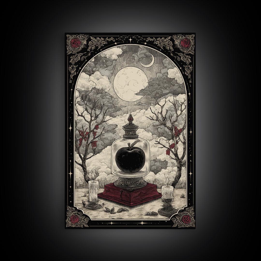 The Poison Apple Reliquary - Surreal Celestial Vision, Spooky Wall Decor, Vertical Wall Art, Framed Canvas Print, Halloween Home Decor