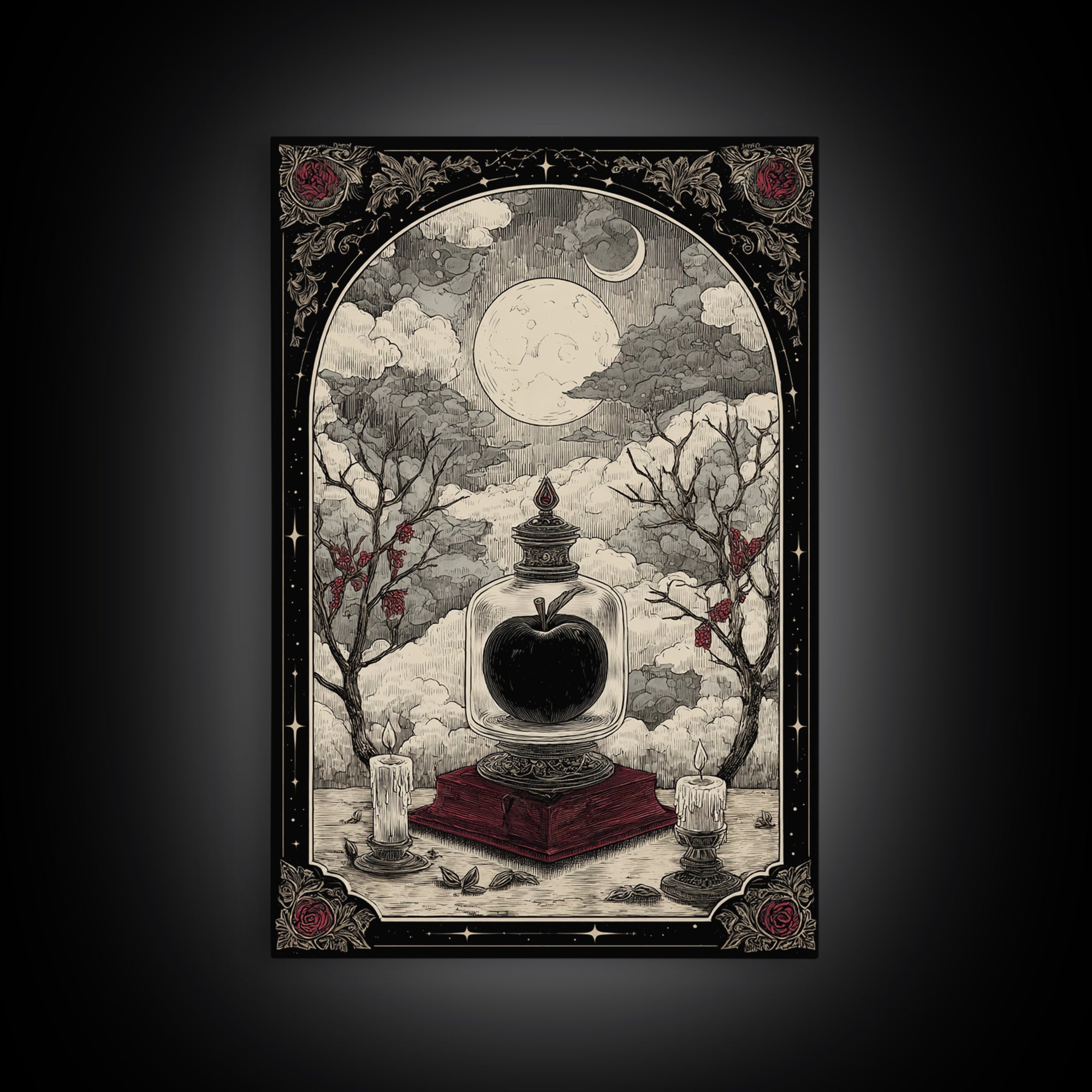 The Poison Apple Reliquary - Surreal Celestial Vision, Spooky Wall Decor, Vertical Wall Art, Framed Canvas Print, Halloween Home Decor
