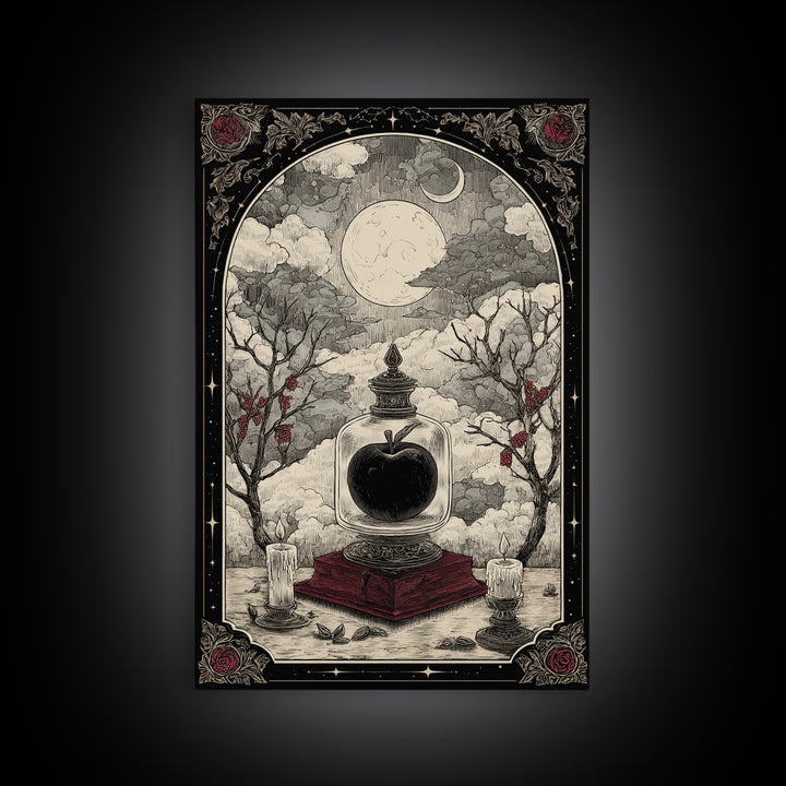 The Poison Apple Reliquary - Surreal Celestial Vision, Spooky Wall Decor, Vertical Wall Art, Framed Canvas Print, Halloween Home Decor