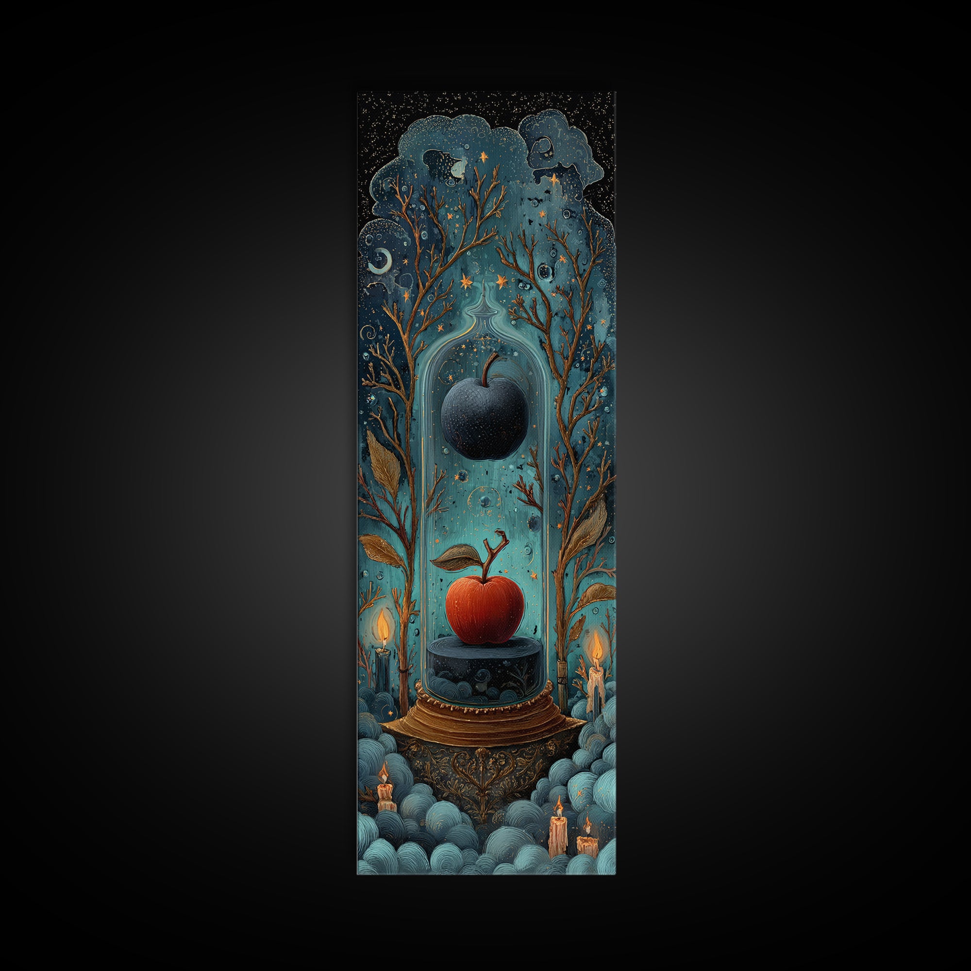 The Poison Apple Reliquary - Surreal Celestial Vision, Gothic Home Decor, Tall Narrow Wall Art, Canvas Print, Halloween Home Decor