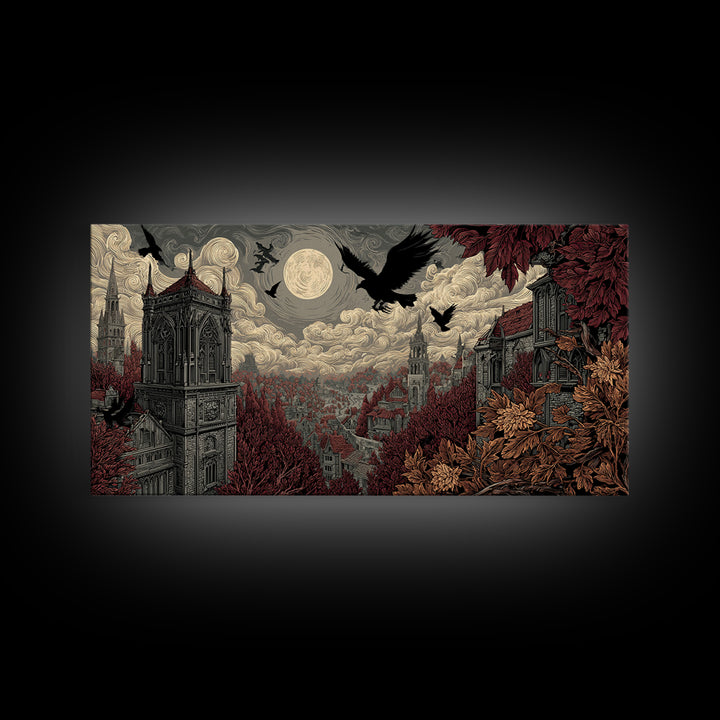 The Gargoyle Rooftop Choir - Environmental Panorama, Dark Fantasy Wall Art, Wide Panoramic Art, Canvas Print, Halloween Home Decor