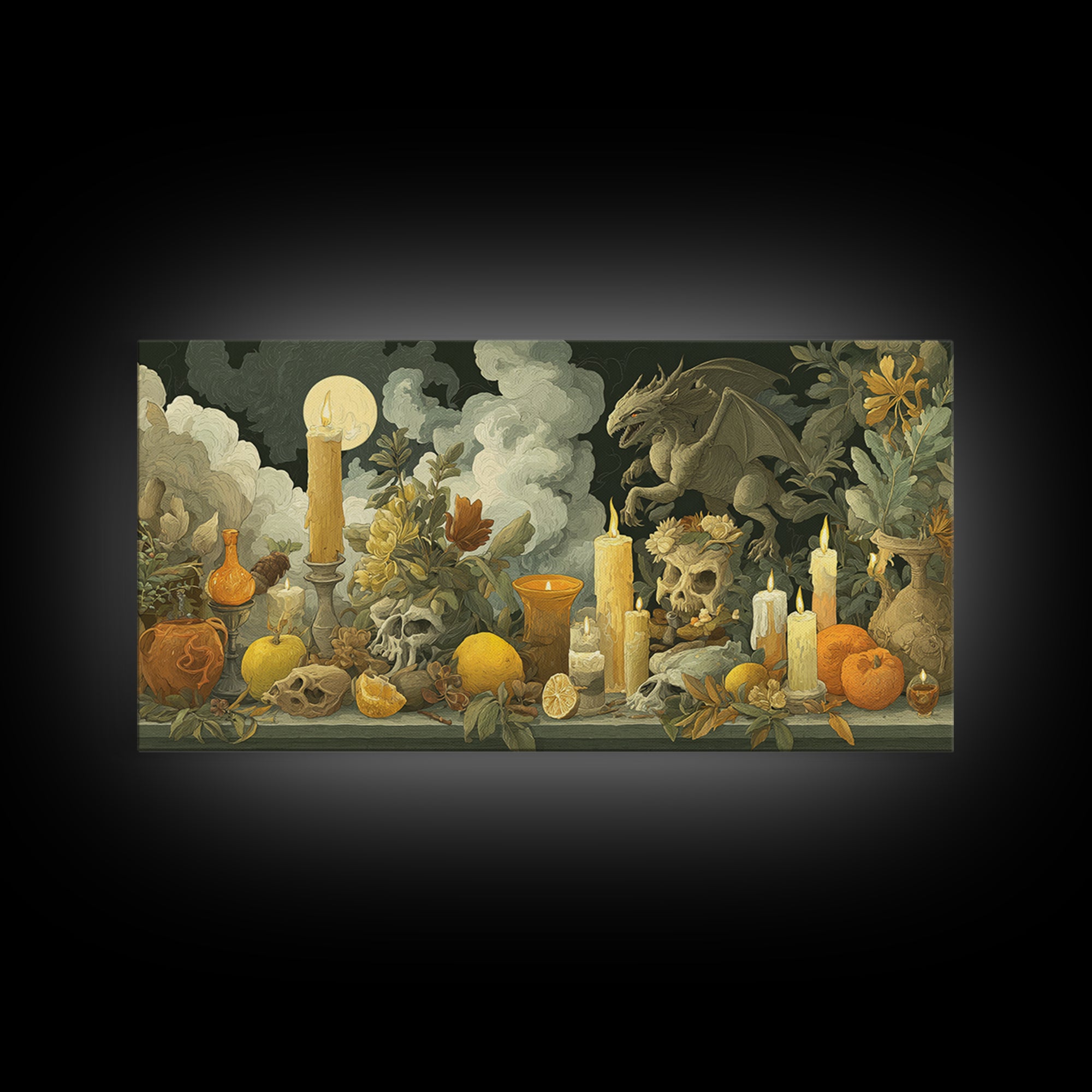 The Gargoyle Rooftop Choir - Occult Still Life, Gothic Home Decor, Wide Panoramic Art, Canvas Print, Halloween Home Decor, Gothic Wall Art